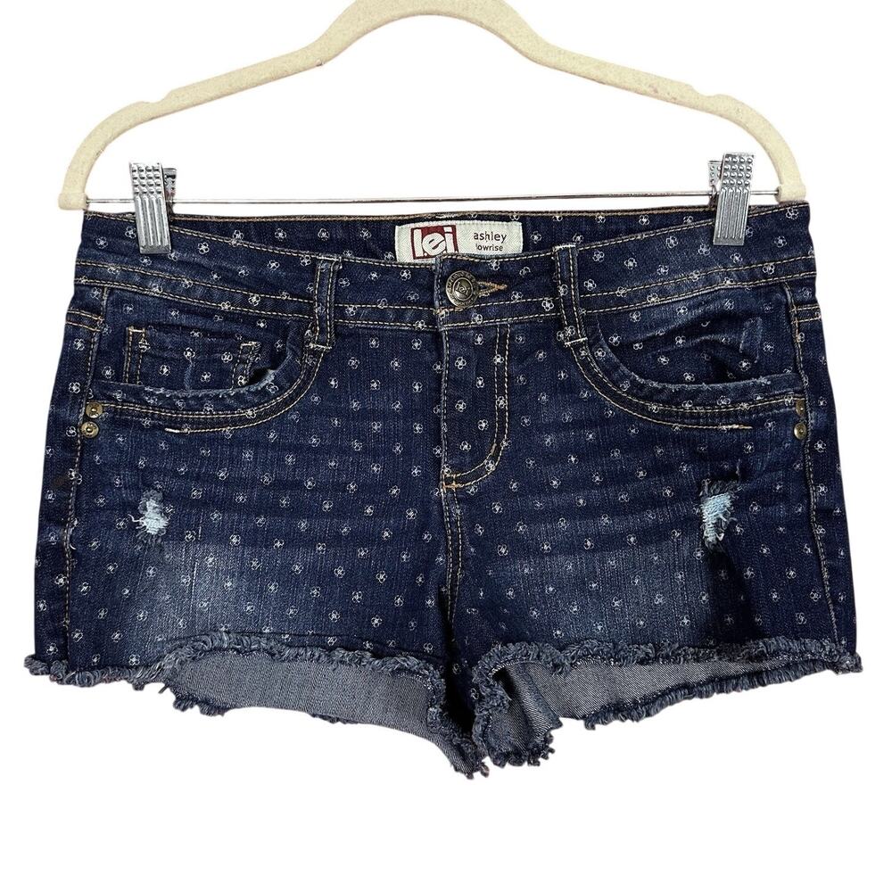 Lei Ashley Low Rise Shorts Dark Wash Distressed Juniors Size 9 - Picture 1 of 5